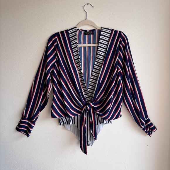 SzS Zara Wrap Bodysuit with Knotted Front & Red/Blue Stripes - EUC - Picture 2 of 12